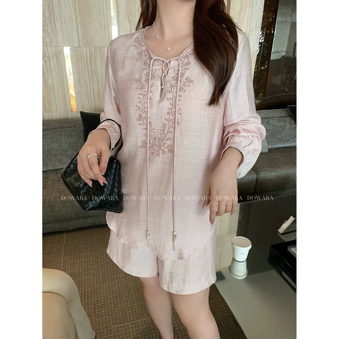 现货大婉酱微胖定制千金清冷感衣服夏季刺绣衬衣短裤两件套 8229D