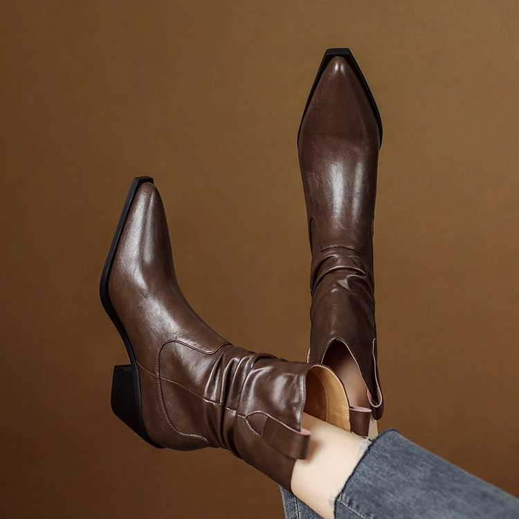 高跟靴褶皱堆堆靴V口马丁靴女鞋2025秋冬季新款中跟尖头短筒