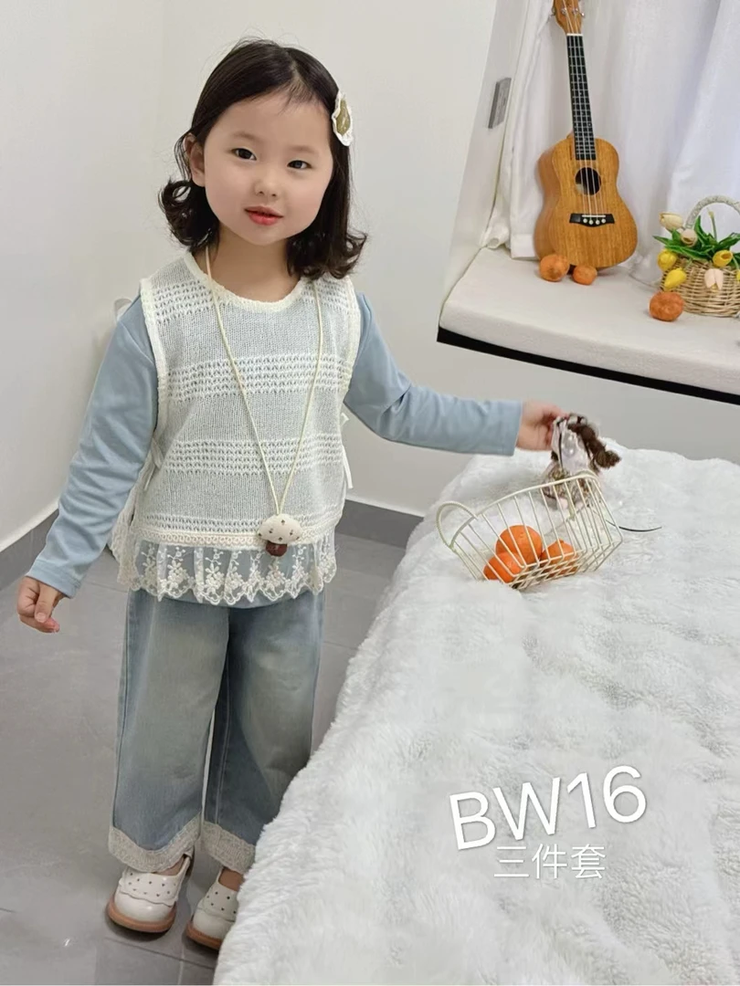 2025女童春季新款蕾丝花边马甲三件套