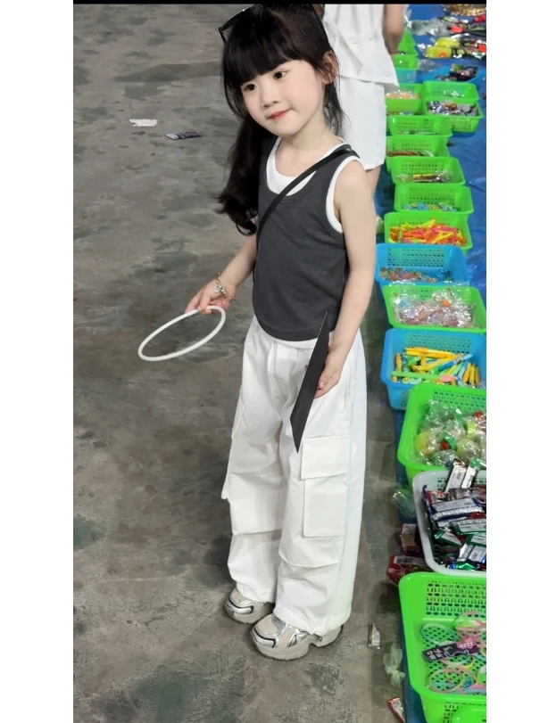 夏季新款女童中大童无袖假两件重工白色工装裤儿童舒适套两件套潮