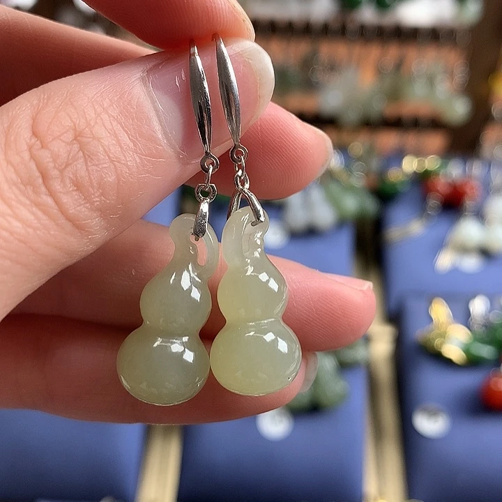 和田玉银S925镶嵌耳饰葫芦22左右晴水