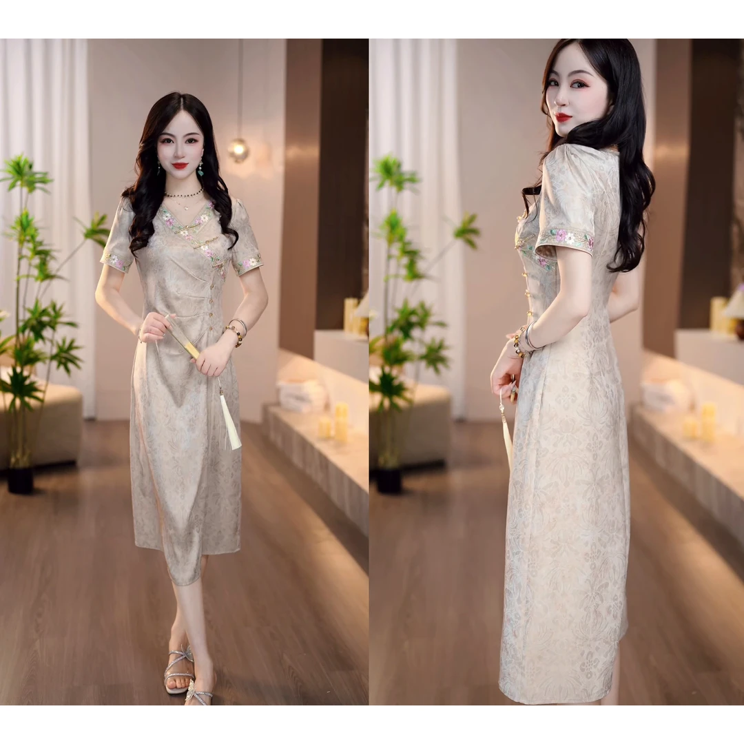 2025夏季新款双色晕染缎面提花新中式旗袍显瘦气质连衣裙M-4XL