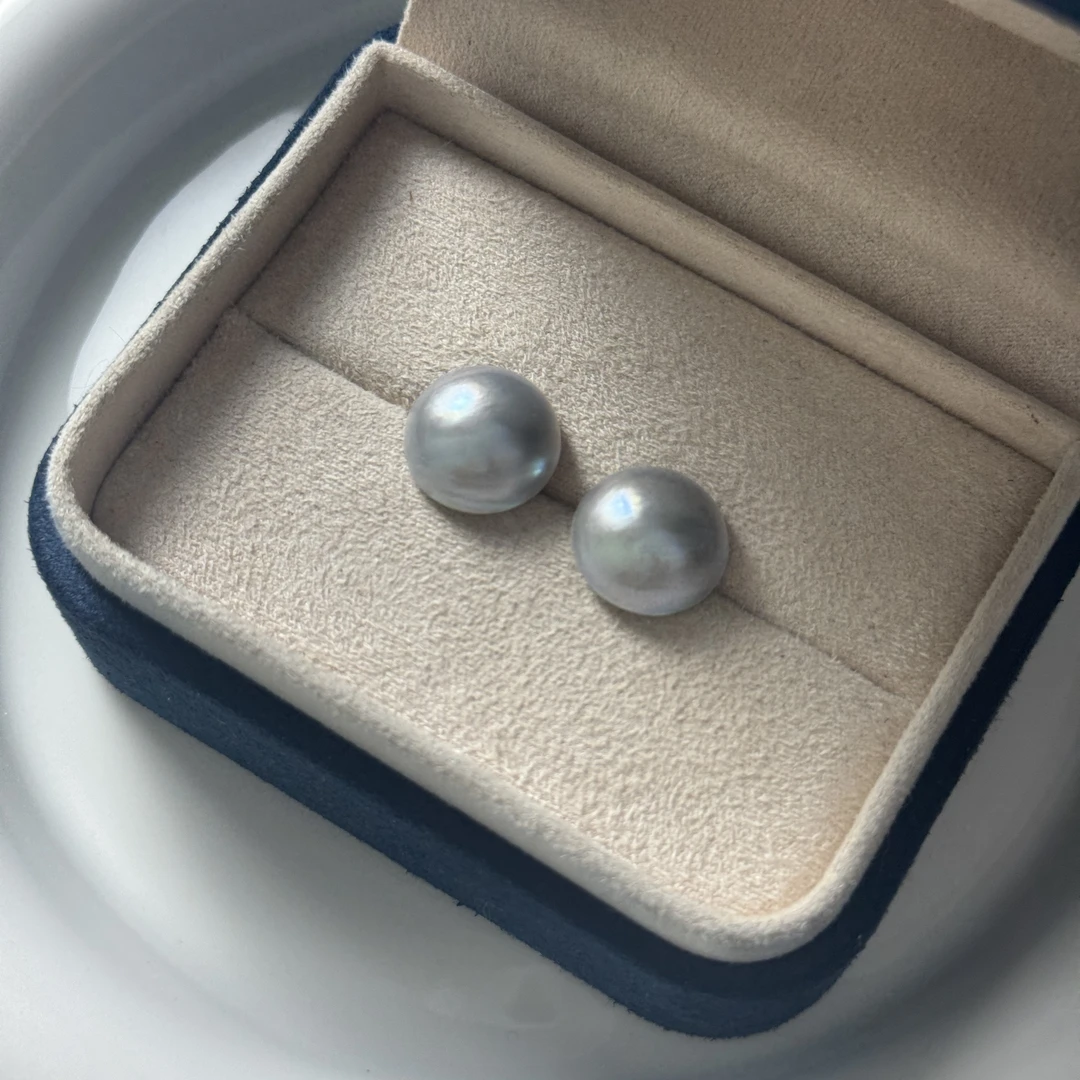 E32海水灰色马贝珍珠耳钉  S925银12-13mm