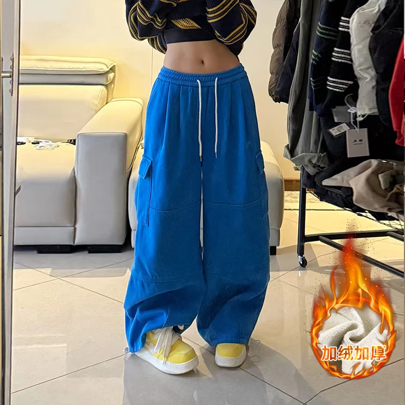 美式复古多巴胺工装裤加绒女街头阔腿直筒腰带绳牛仔裤高街潮