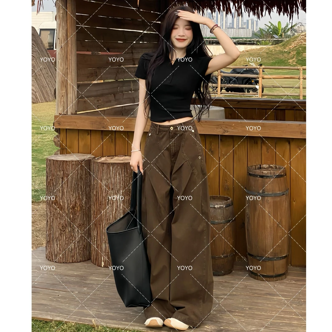 YOYO自制【摩卡棕】春夏2025新款直筒复古休闲裤水洗牛仔拖地裤