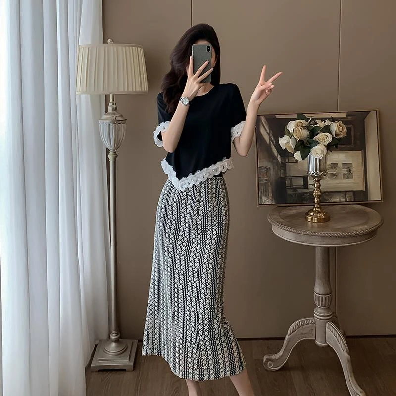 高级感气质减龄时尚套装女2025夏季新款通勤短袖半身裙两件套裙子