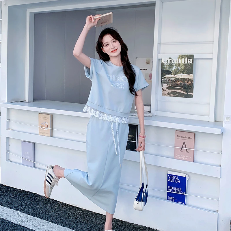 撞色蕾丝拼接卫衣半身裙套装女夏粉色学院风甜美减龄两件套高级感