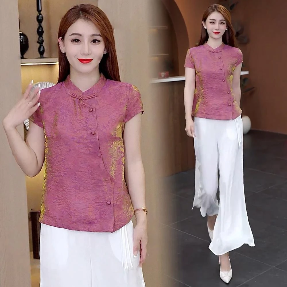 2025夏季新款女士中式盘扣立领短袖衬衫洋气质减龄小个子国风上衣