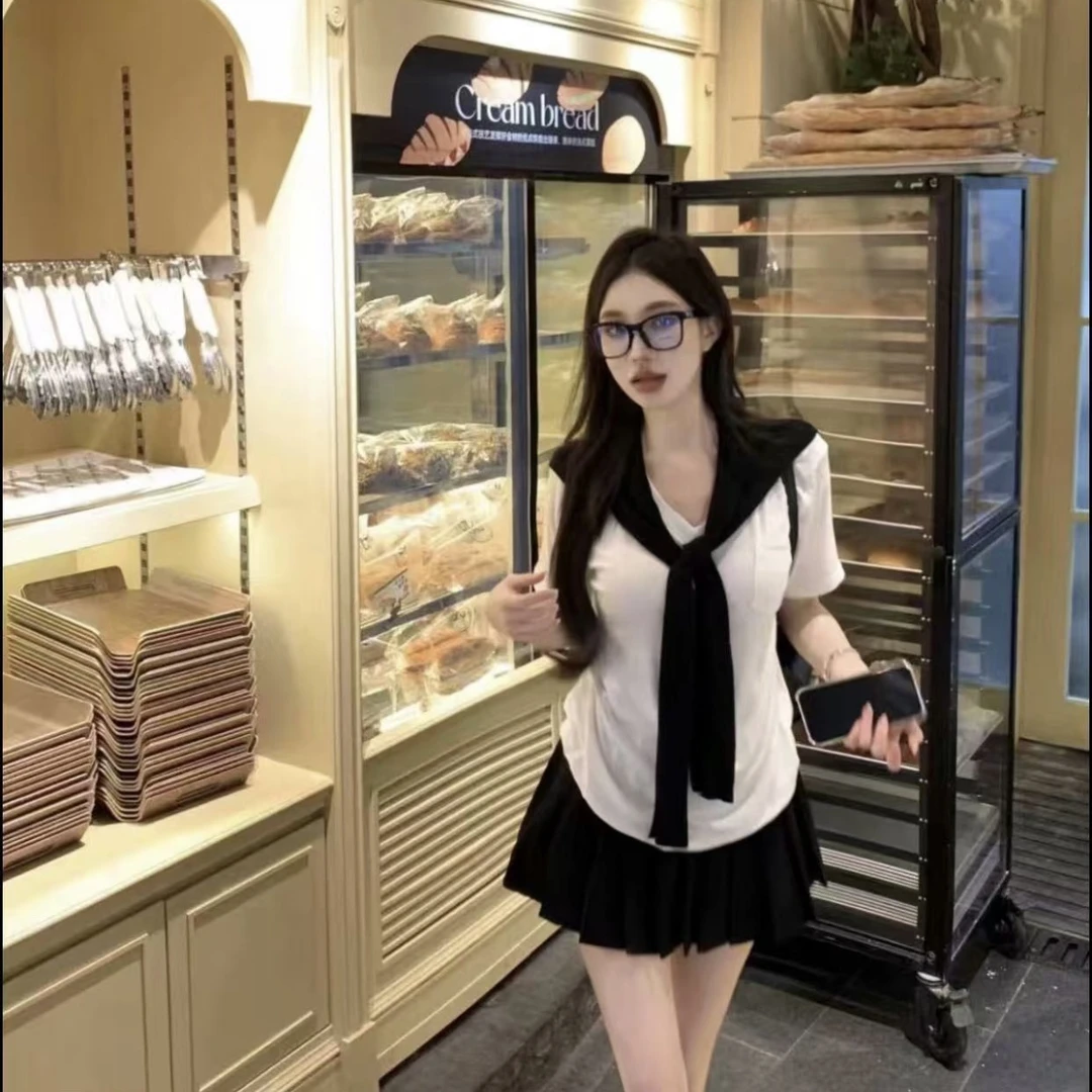 【鱼白专属】黑色披l上衣短袖T恤女夏季百褶半身裙三件套