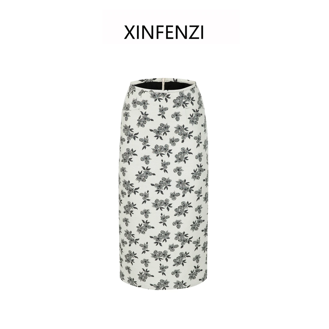 【云水谣】XINFENZI 复古提花直筒裙玉兰花半裙 FSK33527