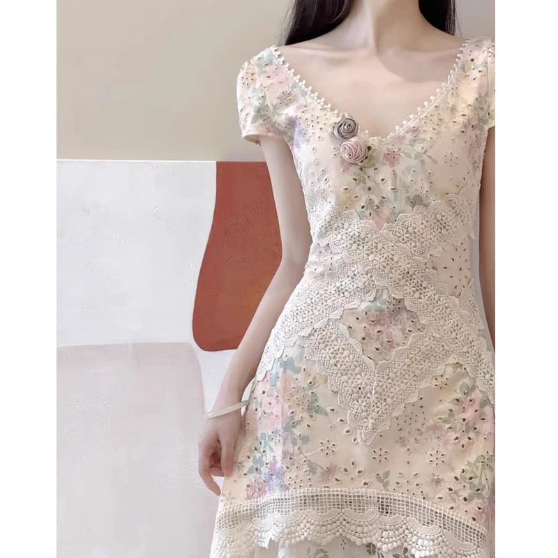 新中式国风绝美改良旗袍优雅连衣裙蕾丝拼假两件镂空收腰气质长裙