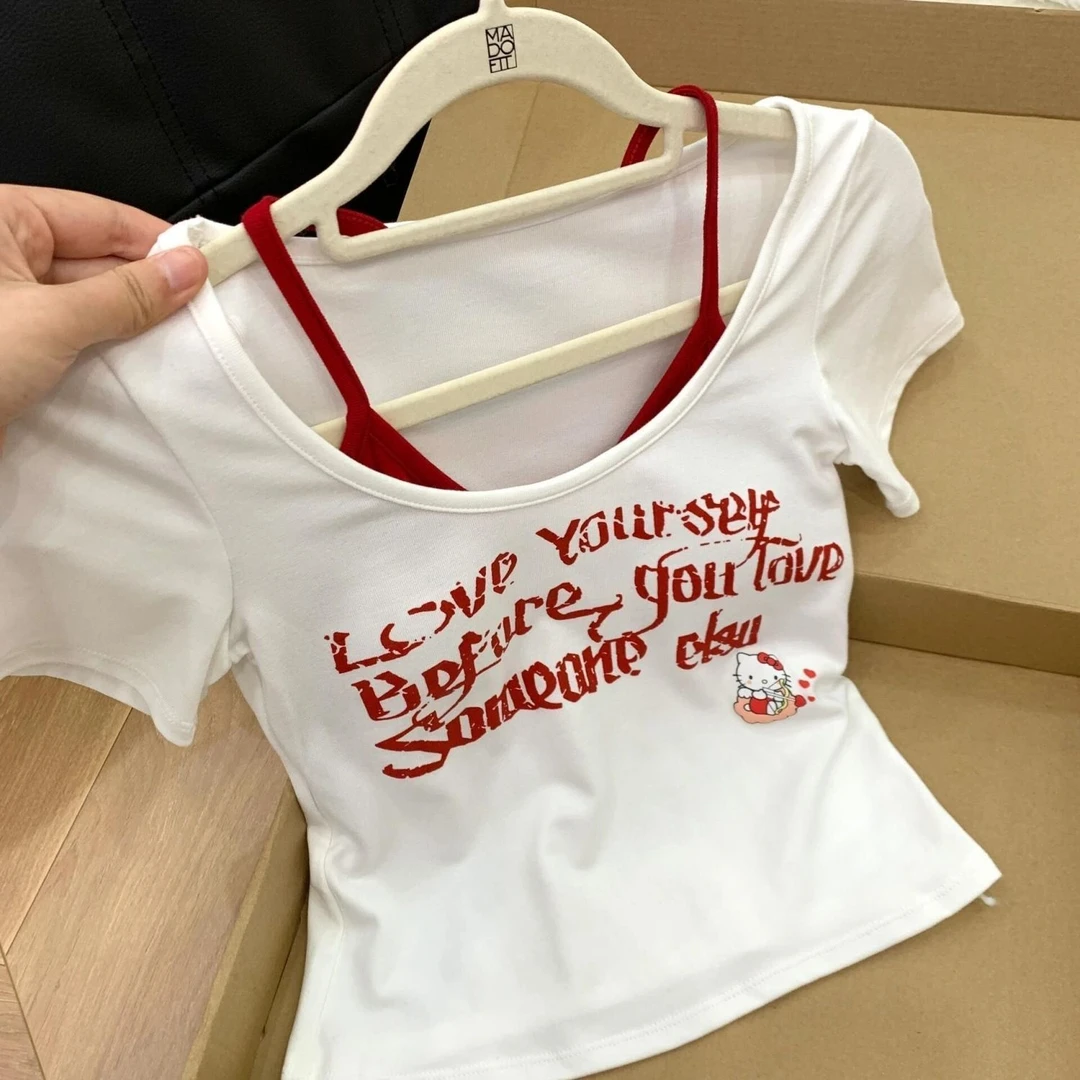 美式字母假两件短袖t恤女夏季新款设计感小众辣妹修身短款上衣潮