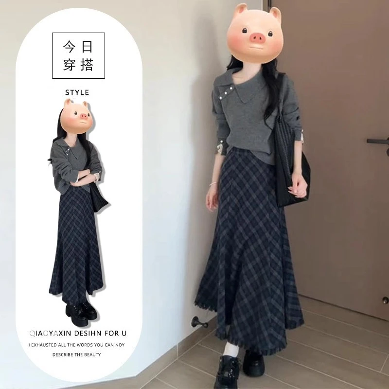 套装显瘦气质洋气高腰时尚格子针织韩版秋季中长款2025年秋季新款