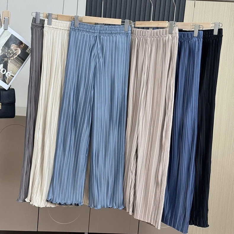 原单三宅风女士夏百褶直筒裤松紧腰木耳裤边轻薄透气长裤