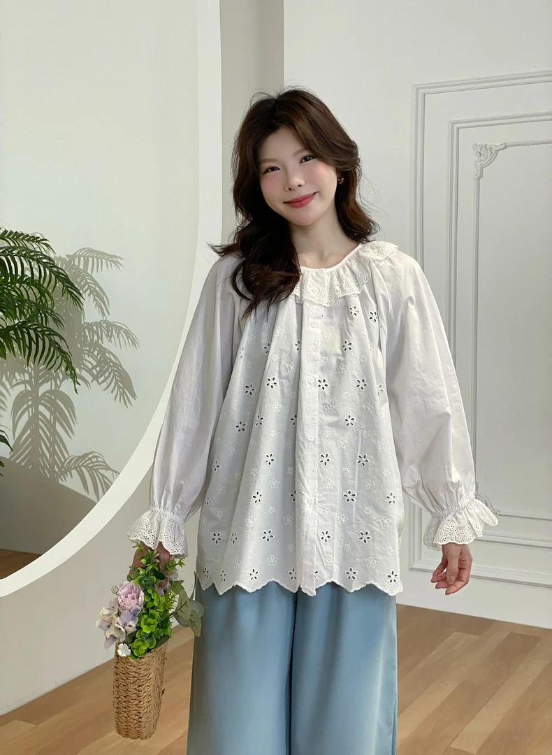 【花季少女】纯净甜美镂空白色娃娃衬衫