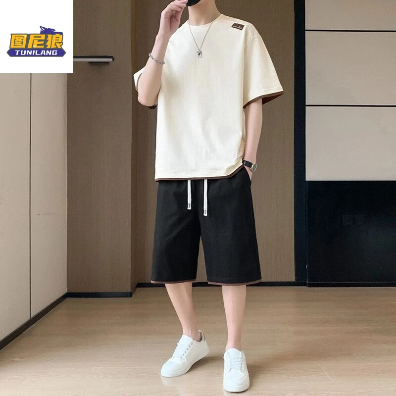 图尼狼夏季2025新款男士休闲运动套装短袖短裤一套搭配帅气两件套