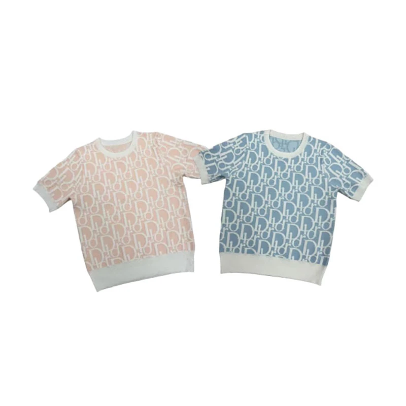 百搭提花夏季上衣美式短袖圆领针织衫 870粉+蓝