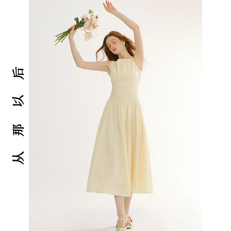 SINCE THEN油画栀子法式白色连衣裙无袖长裙吊带裙子高级感白裙春