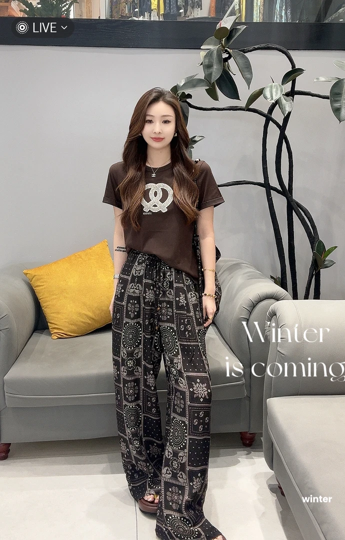 时尚休闲印花直筒长裤宽松百搭