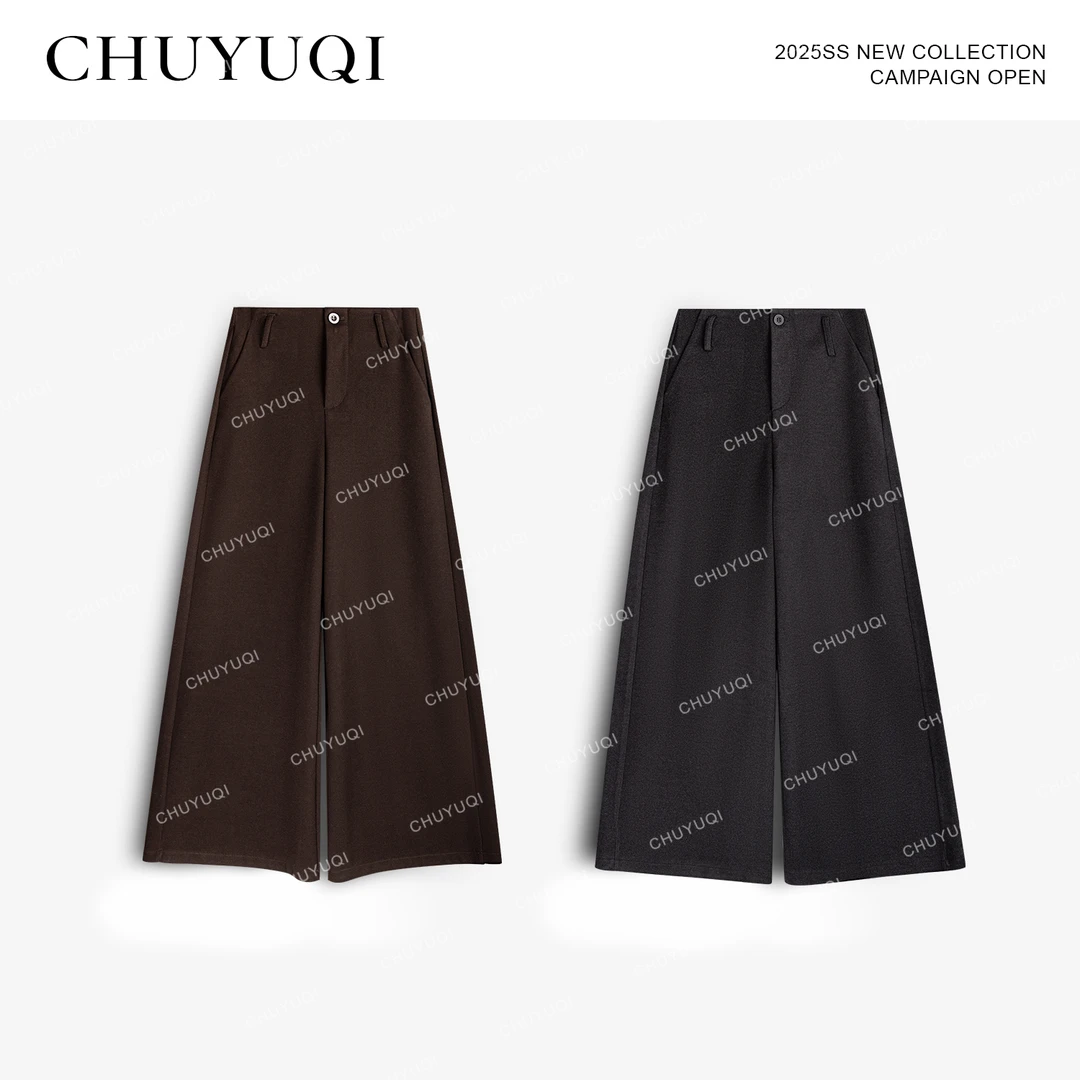 CHUYUQI 加州旅馆 秋冬纯色毛呢阔腿裤女高腰垂感显瘦宽松阔腿裤
