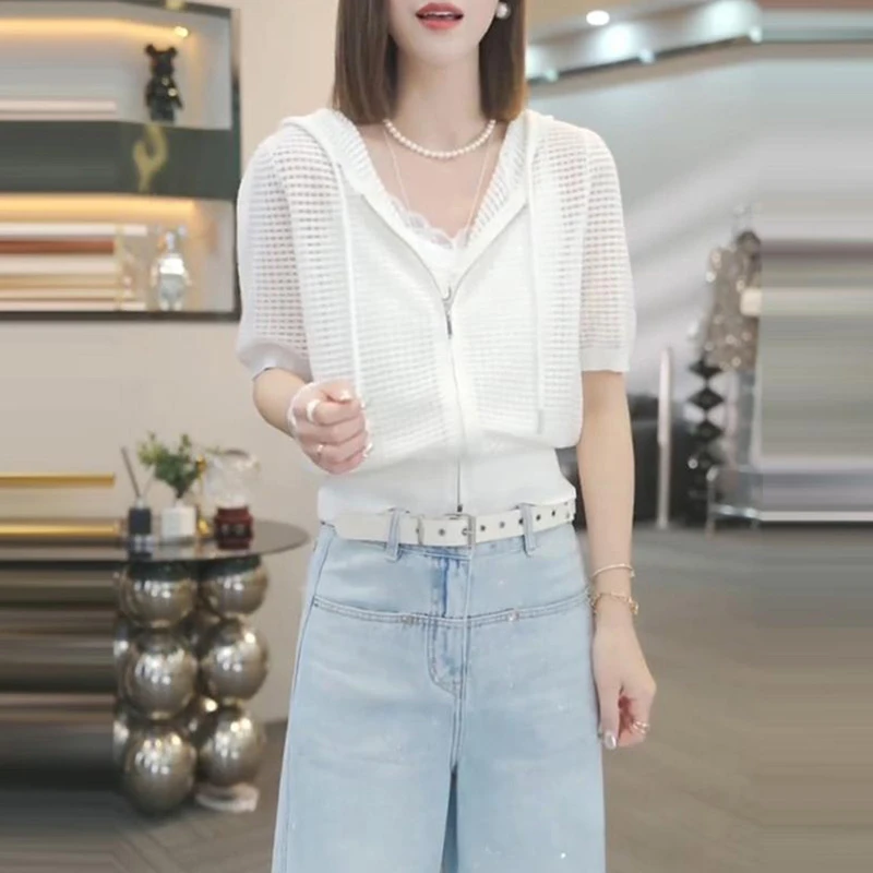 镂空设计感连帽短袖T恤女士夏季薄款拉链开衫收腰显瘦针织衫上衣
