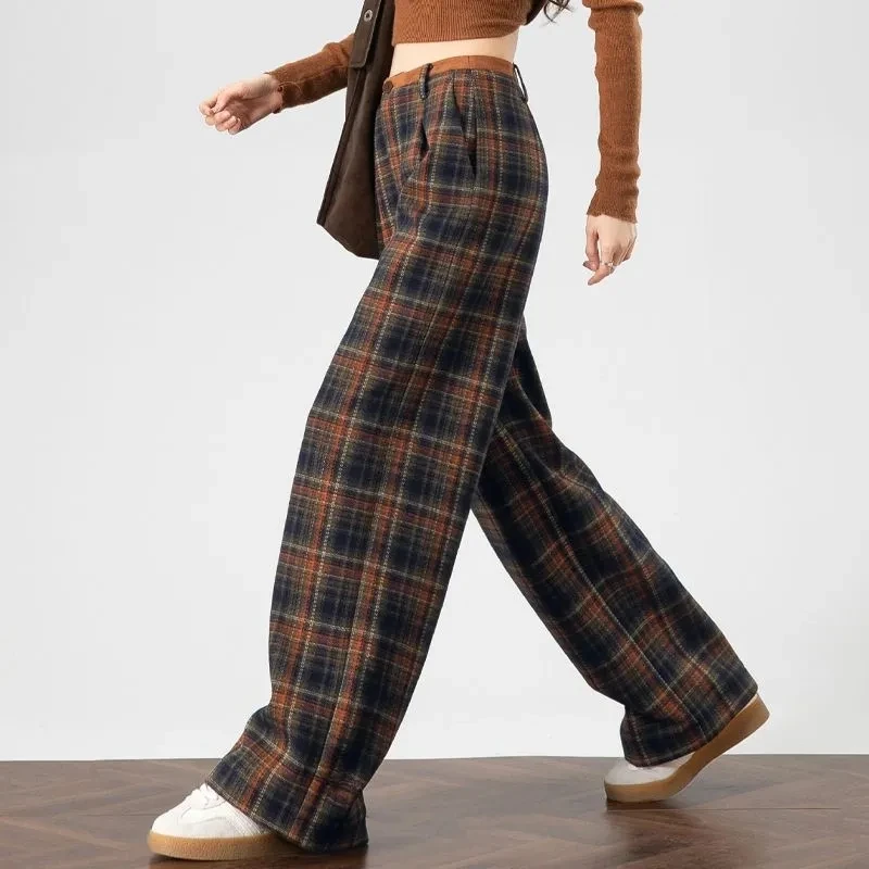 复古卡色格子休闲裤子女2025秋冬加绒高腰直筒慵懒毛呢加绒阔腿裤