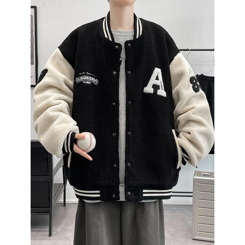 FAVMARTHA.羔羊绒夹克2025秋冬男新初高中学生棉绒加厚美式棒球制