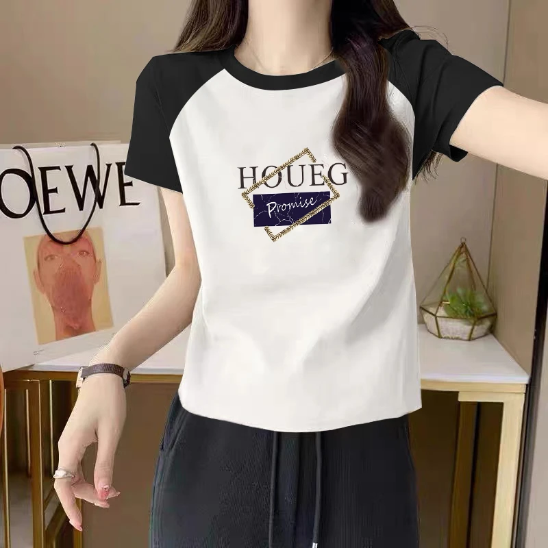 2025夏季正肩圆领修身显瘦短袖t恤新款休闲百搭字母印花女装上衣