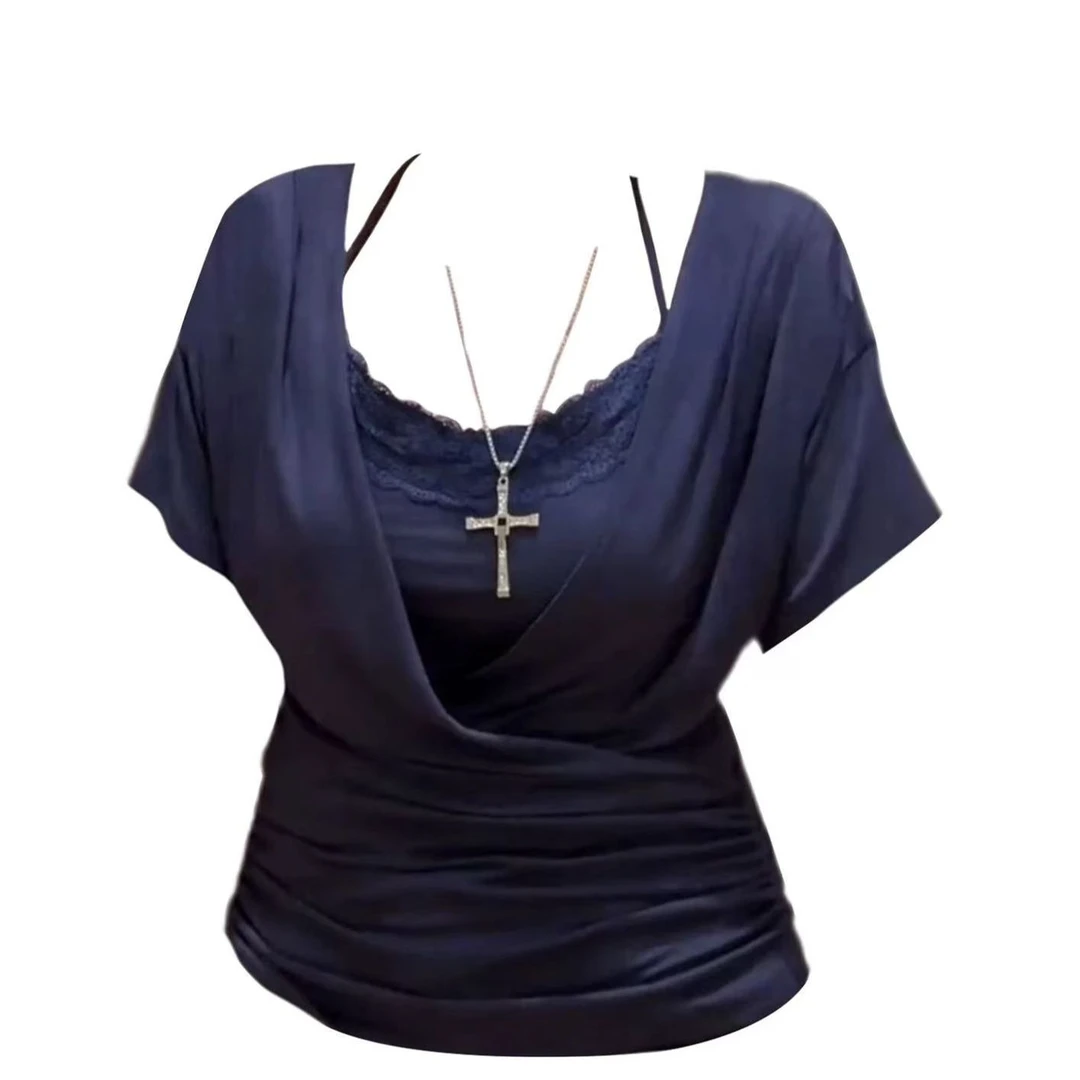 阿遥家【香氛女神】纯欲风辣妹蕾丝拼接V领挂脖收腰显瘦假两件上衣