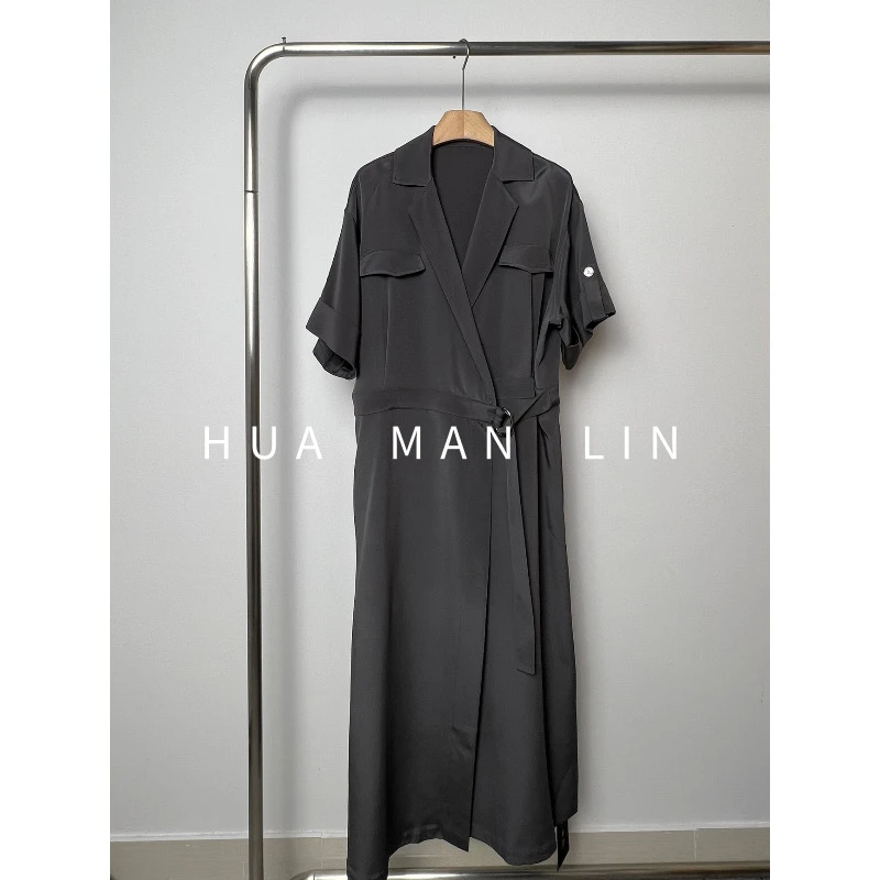 【花滿林】 V领贴袋盖定染高级灰40MM重磅真丝桑蚕丝连衣裙8859