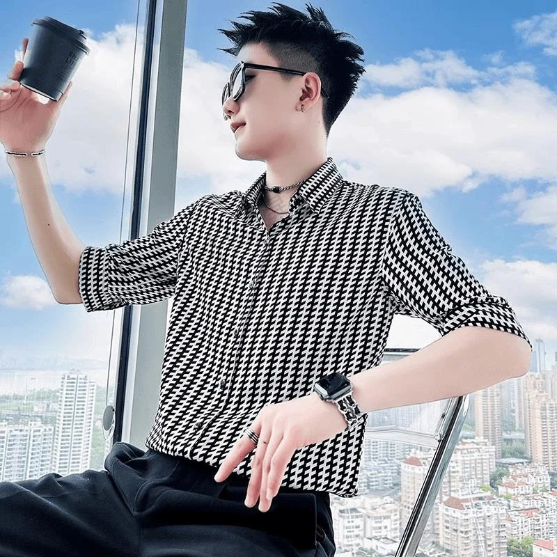 五分袖格子衬衣新款薄款上衣夏季短袖衬衫男装男学生春秋外套男士