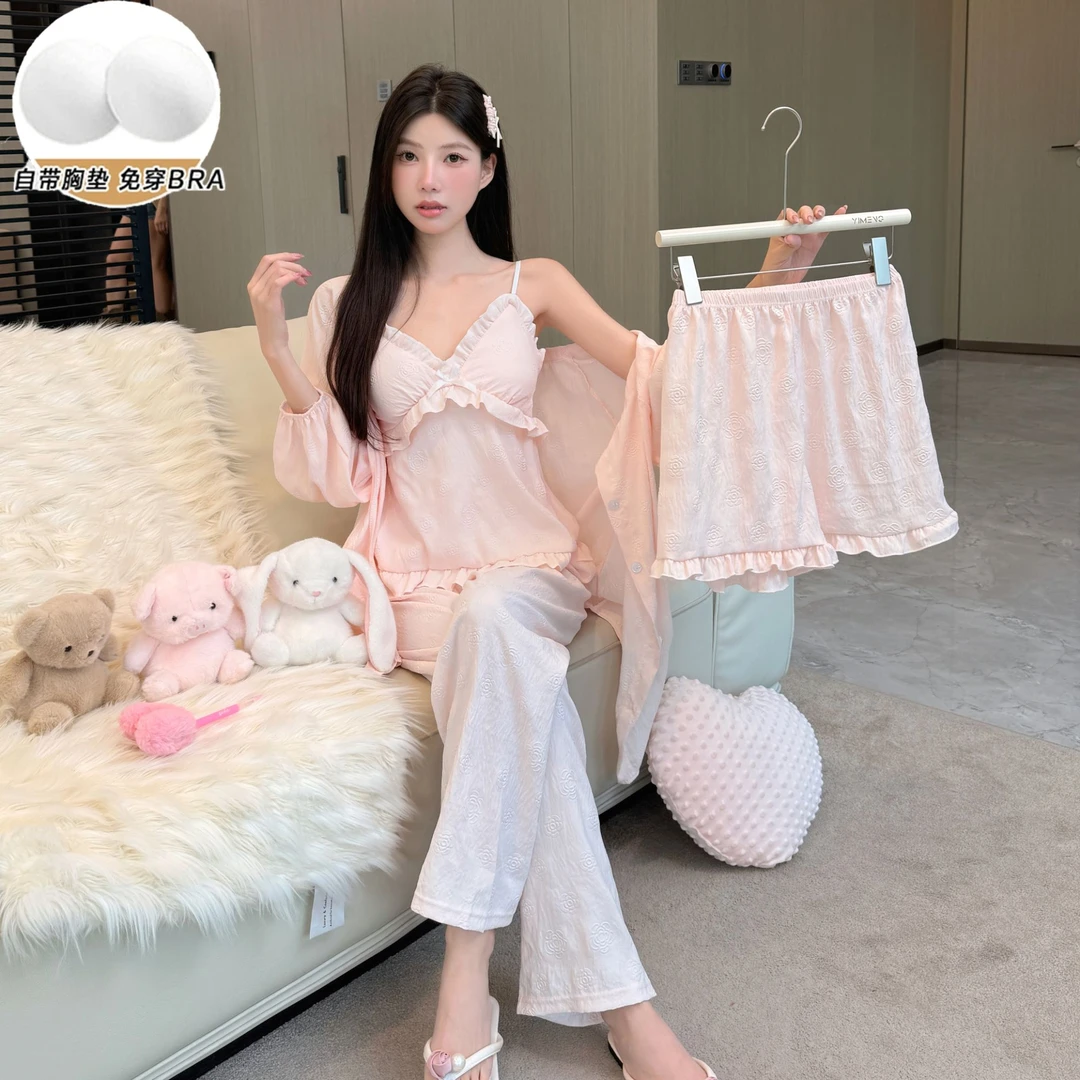 夏季新款棉纱【蔷薇花朵】带胸垫四件套吊带睡衣女粉色甜美家居服薄