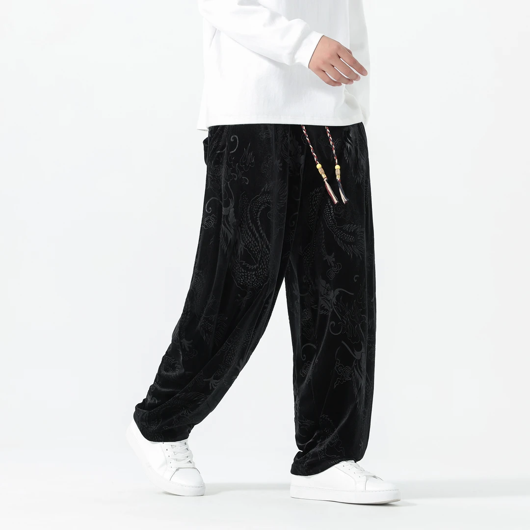 高级感暗黑系金丝绒休闲长裤秋冬季中国风龙纹唐装宽松运动哈伦裤