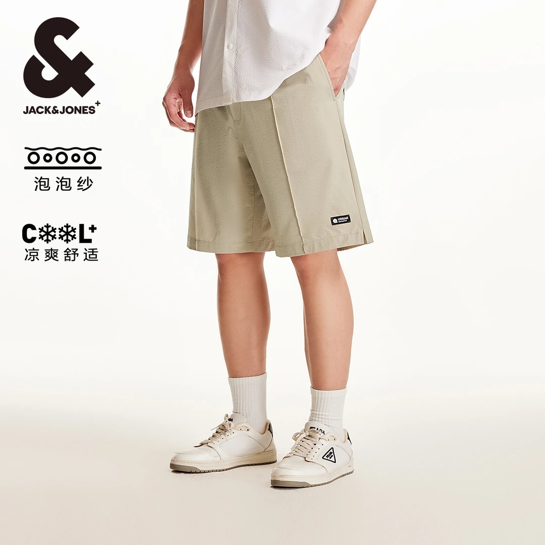 杰克琼斯秋季新款潮高街百搭舒适字母贴布抽绳泡泡纱宽松休闲短裤