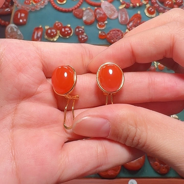 南红玛瑙银S925镶嵌耳饰