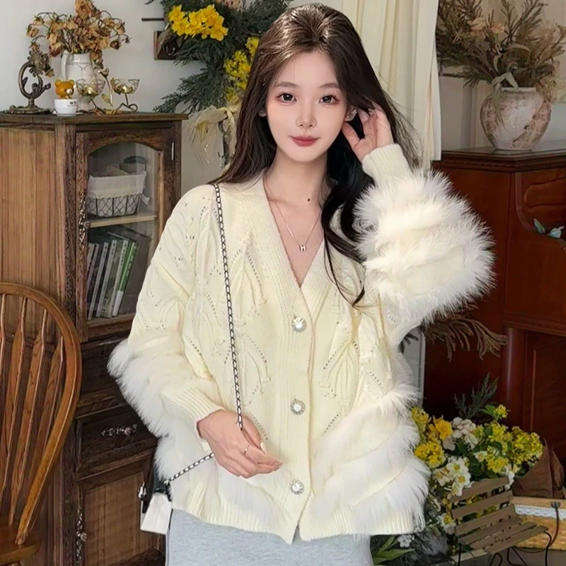 春季新款狐狸毛皮草毛衣外套显瘦宽松贵气甜美慵懒风钩花毛衣外套