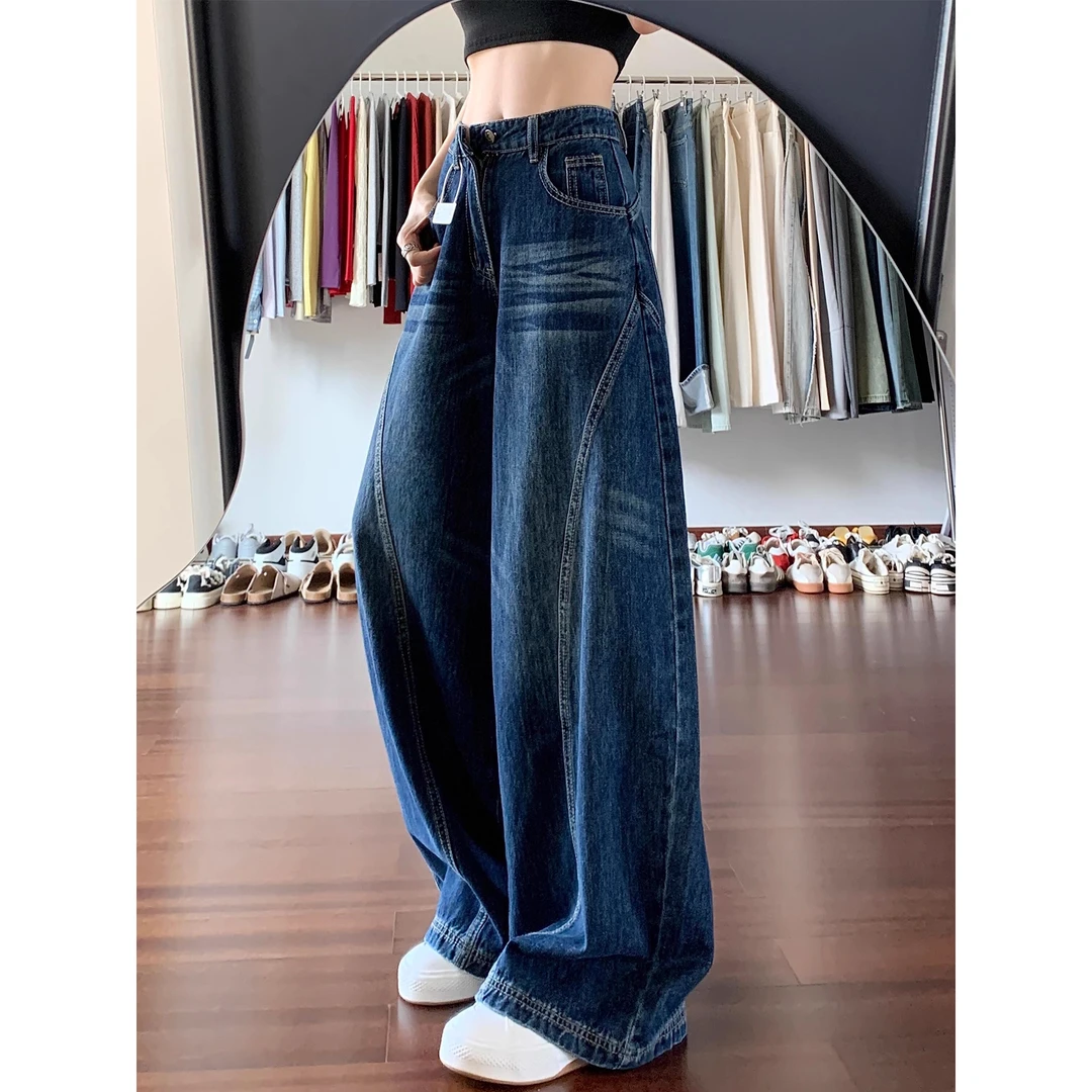 美式复古蓝水洗弯刀牛仔裤女秋季新款胖妹妹mm高腰宽松显瘦阔腿裤