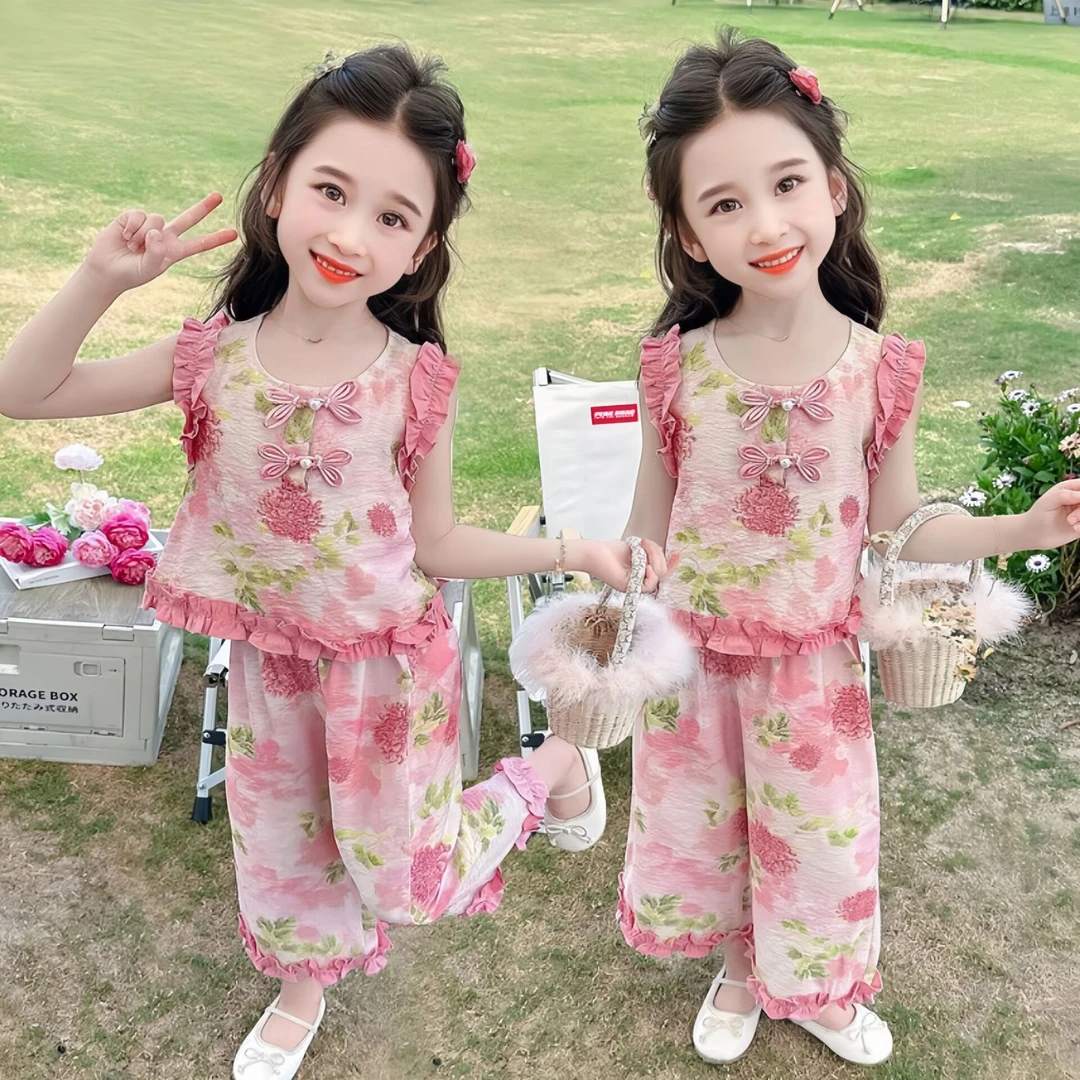女小童夏季盘扣背心套装2025新款洋气时髦女宝宝休闲牡丹花两件套