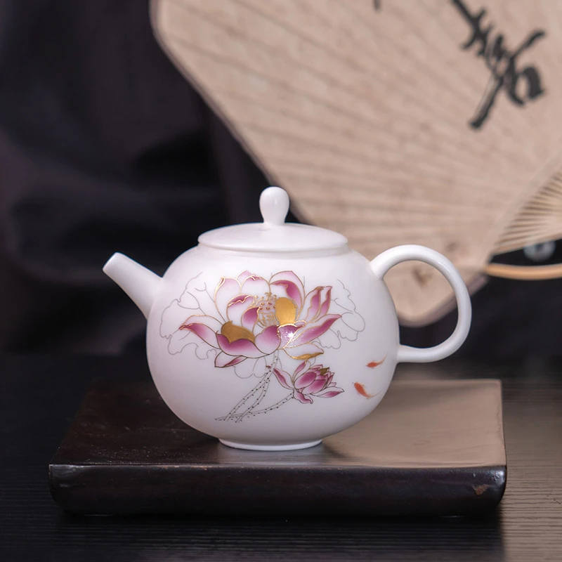 羊脂玉荷韵茶壶白瓷泡茶壶高档手绘青花中式礼品F220