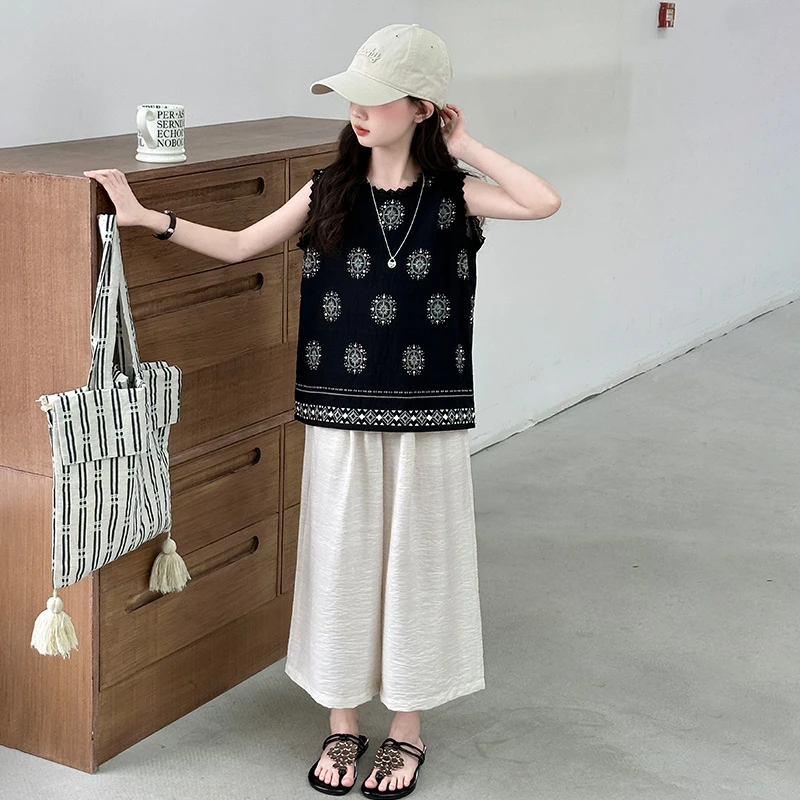 女童套装2025新款夏装洋气时髦儿童无袖衬衫阔腿裤两件套中大童潮