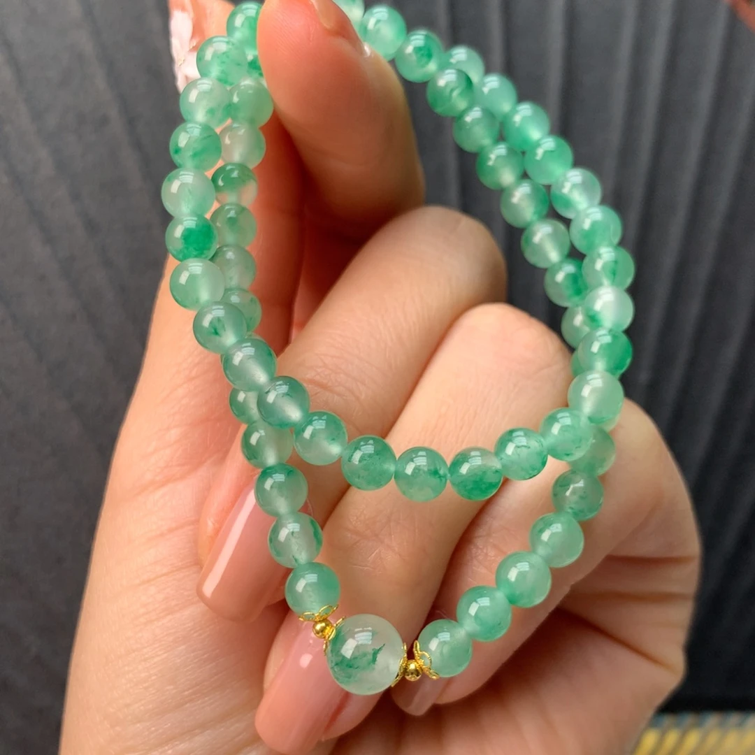 石英质玉（非洲翠）18K金镶嵌冰飘花精品双层手串