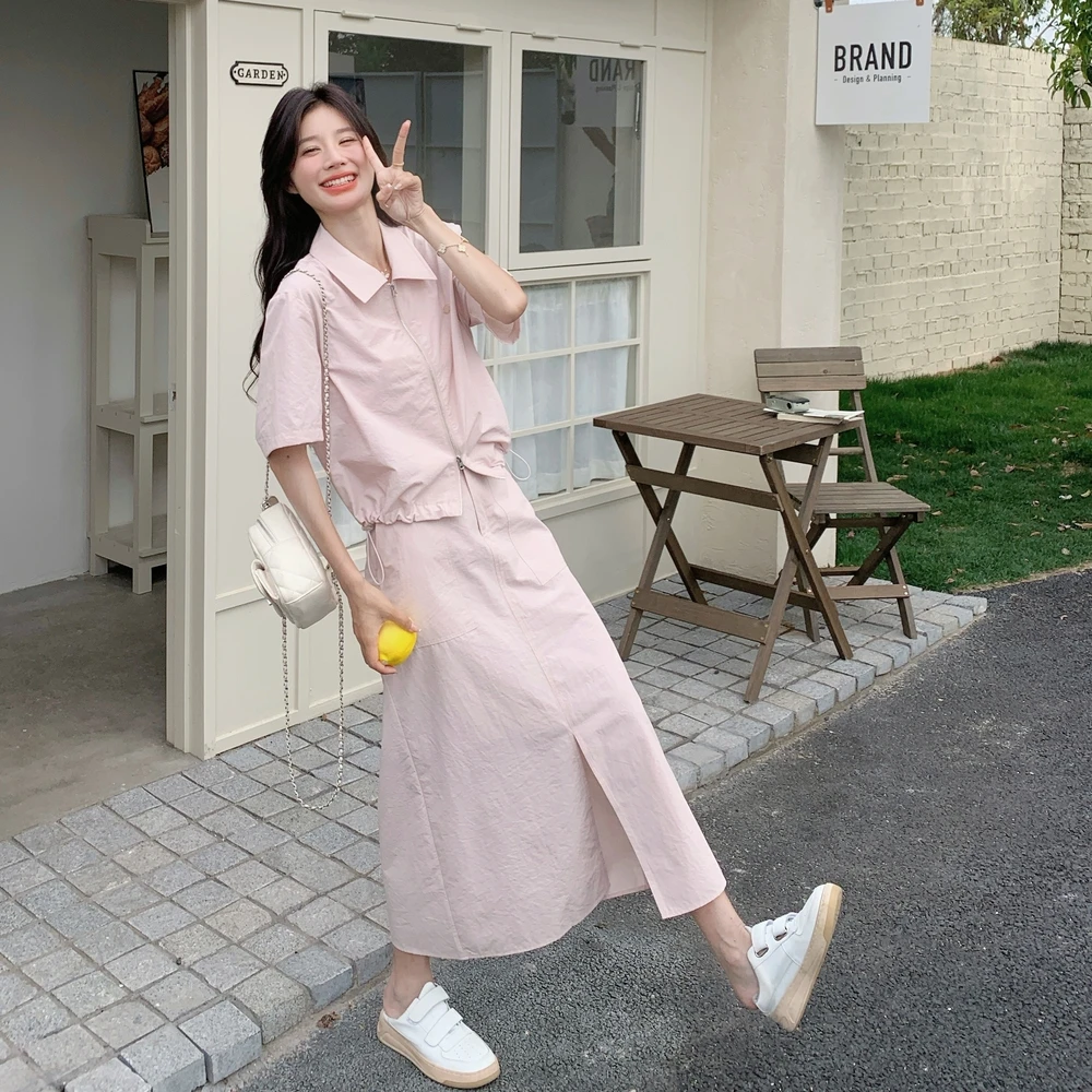 【现货】轻薄工装上衣+松紧腰半裙2C277-6657-P155韩范气质春夏装