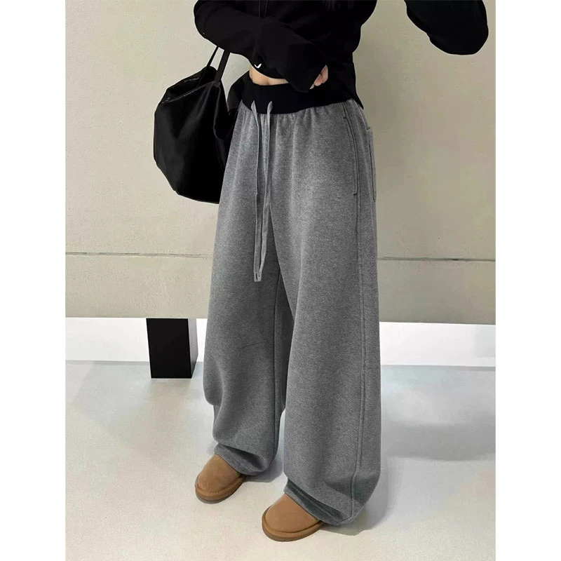 春秋2025高级感拼色抽绳运动裤女宽松显瘦弯刀卫裤休闲遮肉阔腿裤