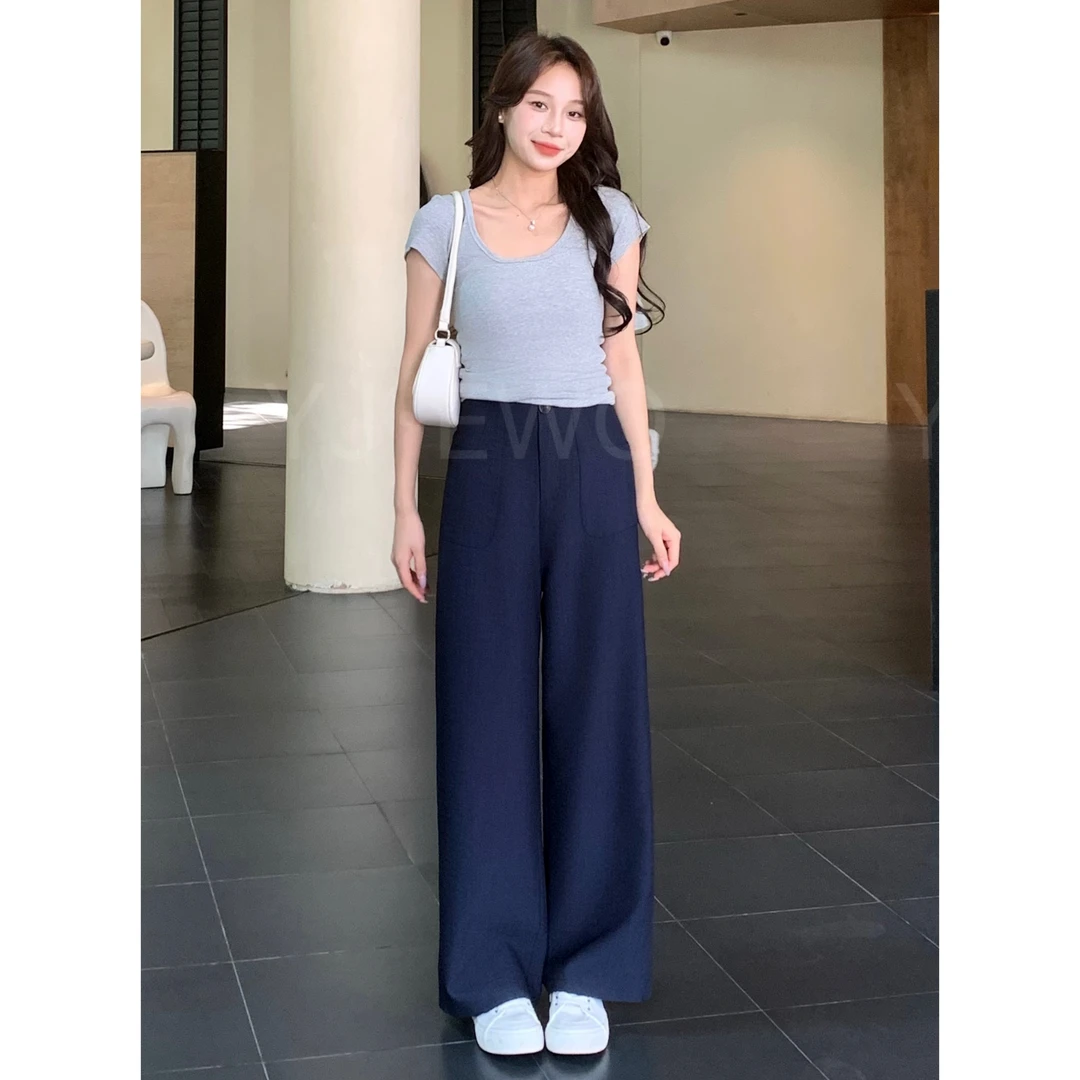 【小爽小个子】夏季新款百搭显瘦高腰直筒外穿垂感休闲裤-YJ0513