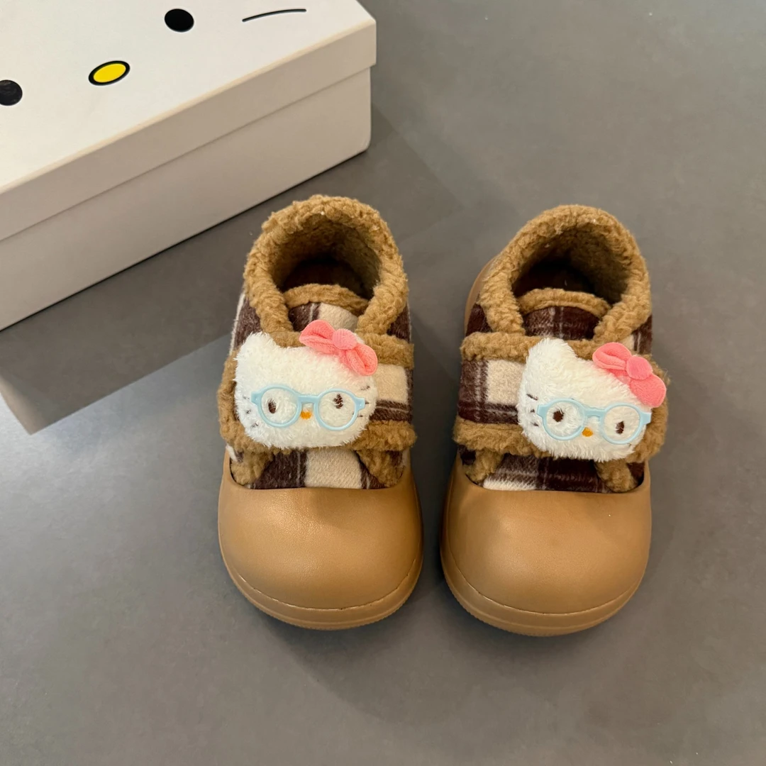 卡通可爱大头魔术贴棉鞋女2025新款秋冬加绒保暖雪地靴厚底毛毛鞋