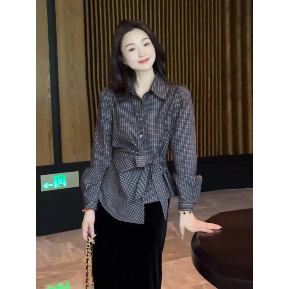 不规则收腰系带翻领长袖格子衬衫女秋季2025韩系小众减龄别致上衣