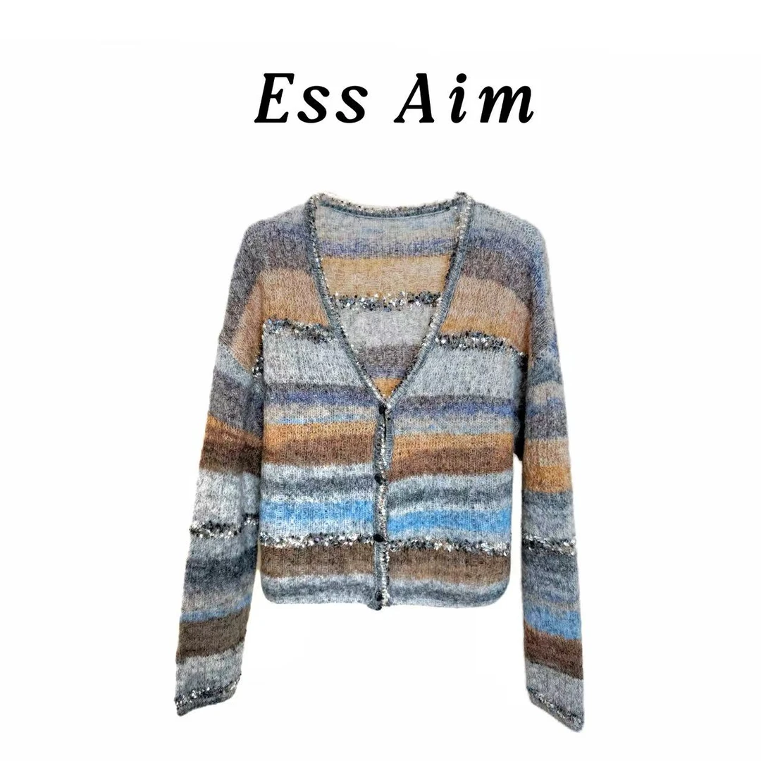 EssAim-0072 蝴蝶毛衣INS风长袖毛针织衫宽松型女装V领秋季针织衫