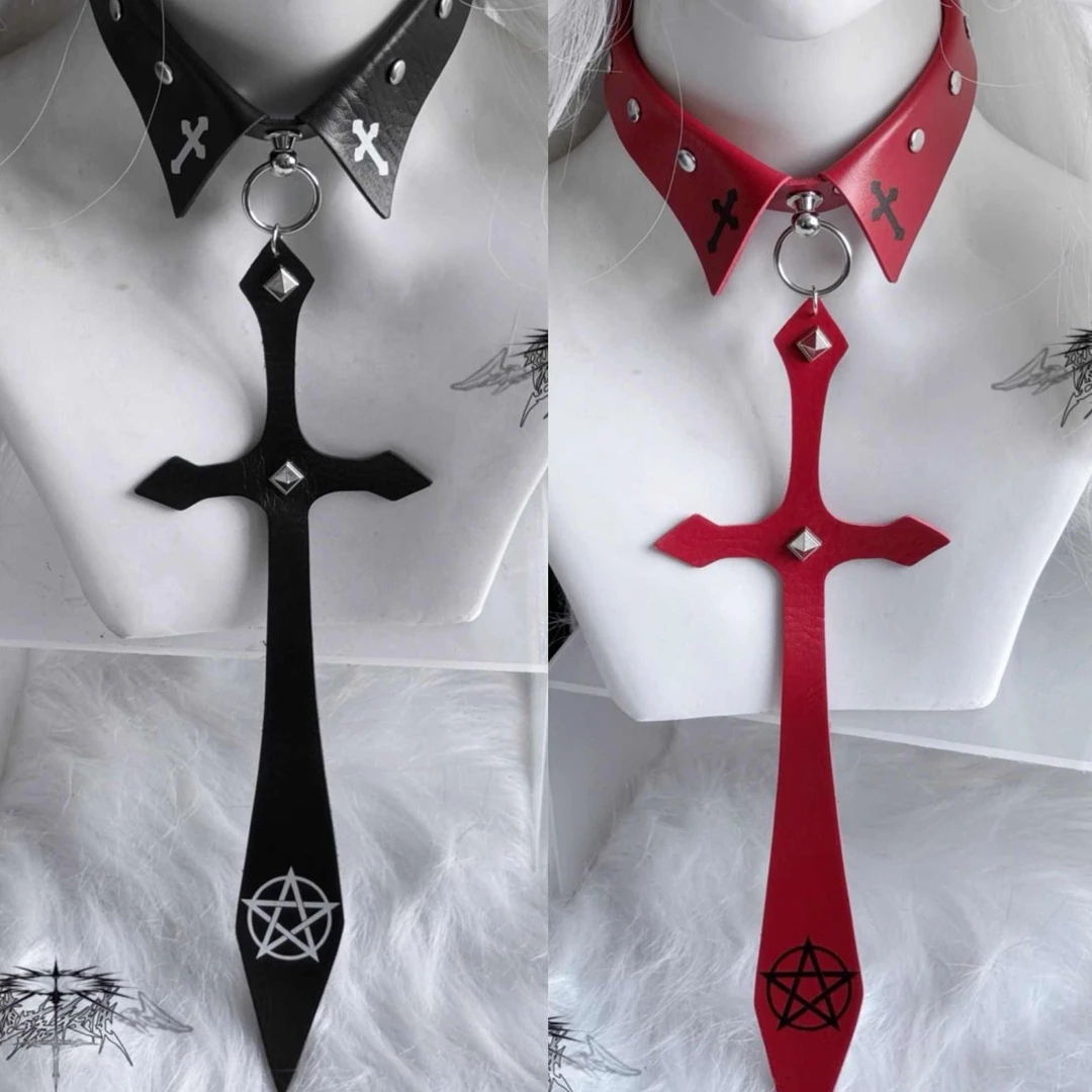 堕落天使_朋克风原创五芒星十字架亚文化红黑铆钉小众设计领带