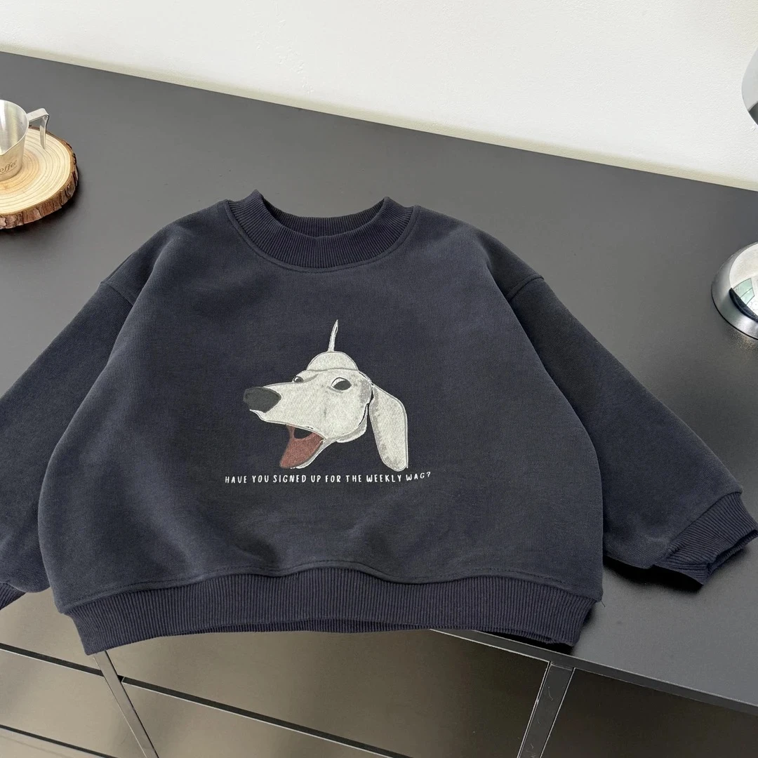 【韩系腊肠狗加绒卫衣】男童秋冬加厚上衣2025新款童装儿童打底衫潮