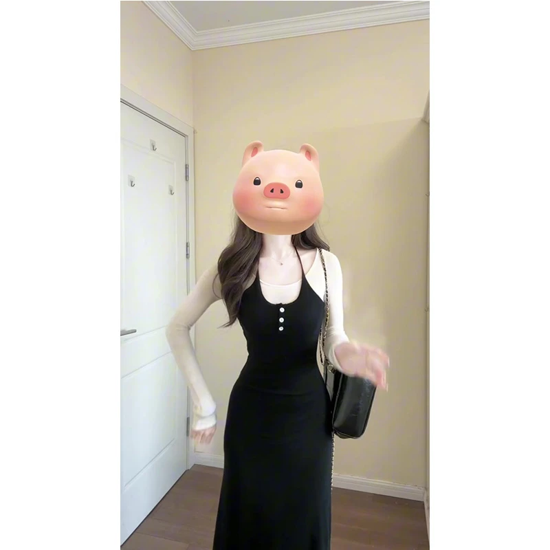 2025开春女韩系氛围感穿搭黑色吊带连衣裙女内搭打底衫两件套装